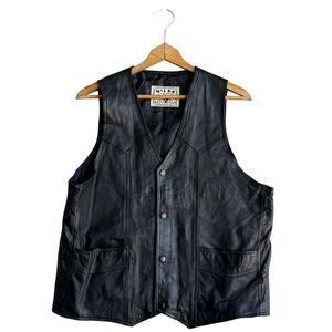 Vintage Wilda Men's Black Leather Motorcycle Vest L Biker Western Snap Button